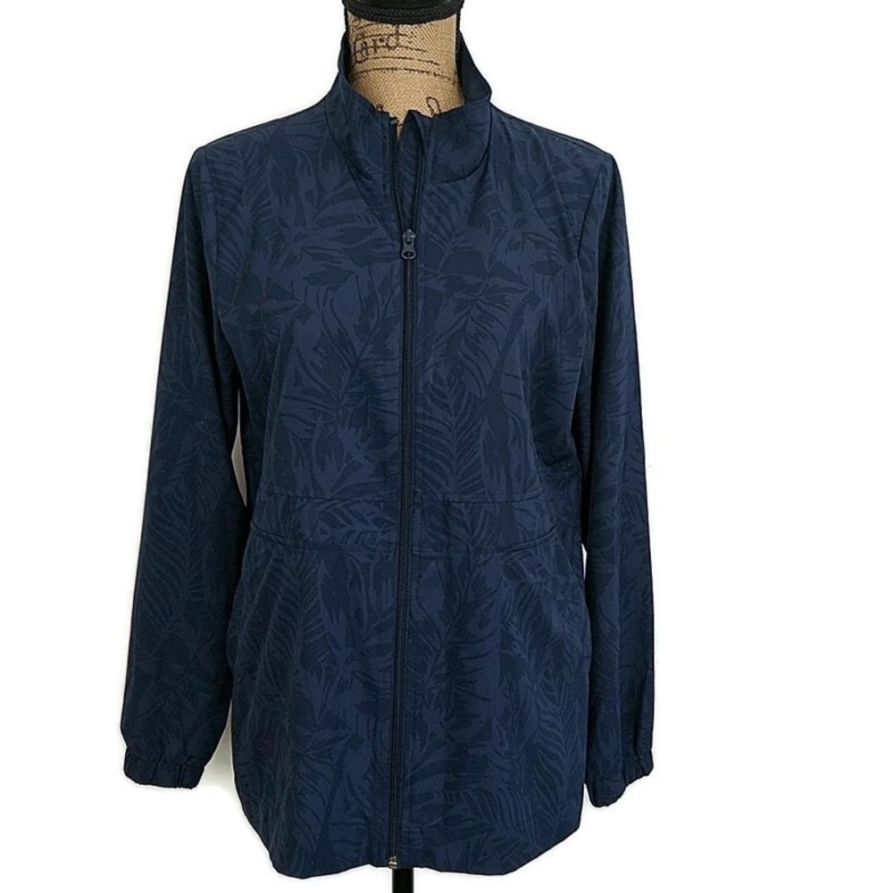 Christopher & Banks Jacket Women S Navy Blue Tropical Palm Leaf Full Zip Mock
